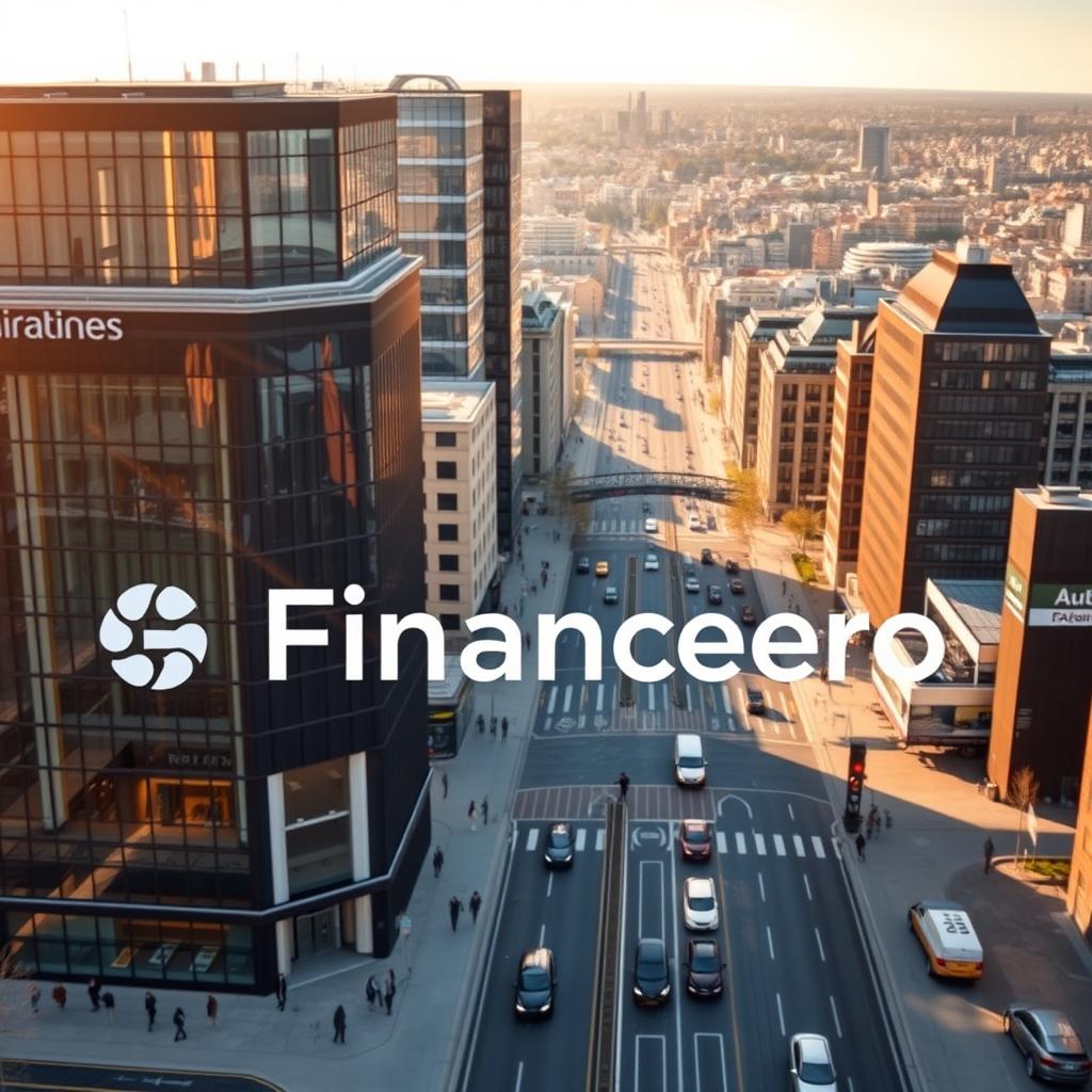 A high-resolution, photorealistic image of the European banking sector, showcasing a bustling financial district with sleek modern skyscrapers, glass-walled corporate headquarters, and a thriving streetscape populated by smartly dressed professionals. In the foreground, the Financeero logo prominently displayed on the facade of a towering bank building, reflecting the power and influence of the financial services industry. The middle ground features a network of busy streets and intersections, with cars, pedestrians, and public transportation weaving through the urban landscape. In the background, a panoramic view of the city skyline, bathed in a warm, golden afternoon light that casts long shadows and highlights the architectural details of the buildings. The overall mood is one of prosperity, dynamism, and the steady heartbeat of the European financial markets.