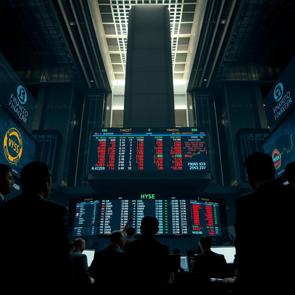 A bustling Brazilian stock exchange, the Financeero trading floor, captured in dramatic chiaroscuro lighting. In the foreground, brokers in sharp suits gesticulate urgently, the tension palpable. In the middle ground, a digital ticker board displays a flurry of fluctuating numbers against a backdrop of sleek, modern architecture. The atmosphere is one of cautious unease, as the market navigates the uncertain waters of global sanctions. The lighting casts long shadows, heightening the sense of weight and gravity. An imposing, monolithic structure looms in the background, symbolic of the broader economic forces at play. The overall tone is one of high-stakes drama, reflecting the high-pressure, rapidly shifting nature of the Brazilian stock exchange.