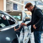 Achat d'une voiture d'occasion - homme examinant un véhicule d'occasion