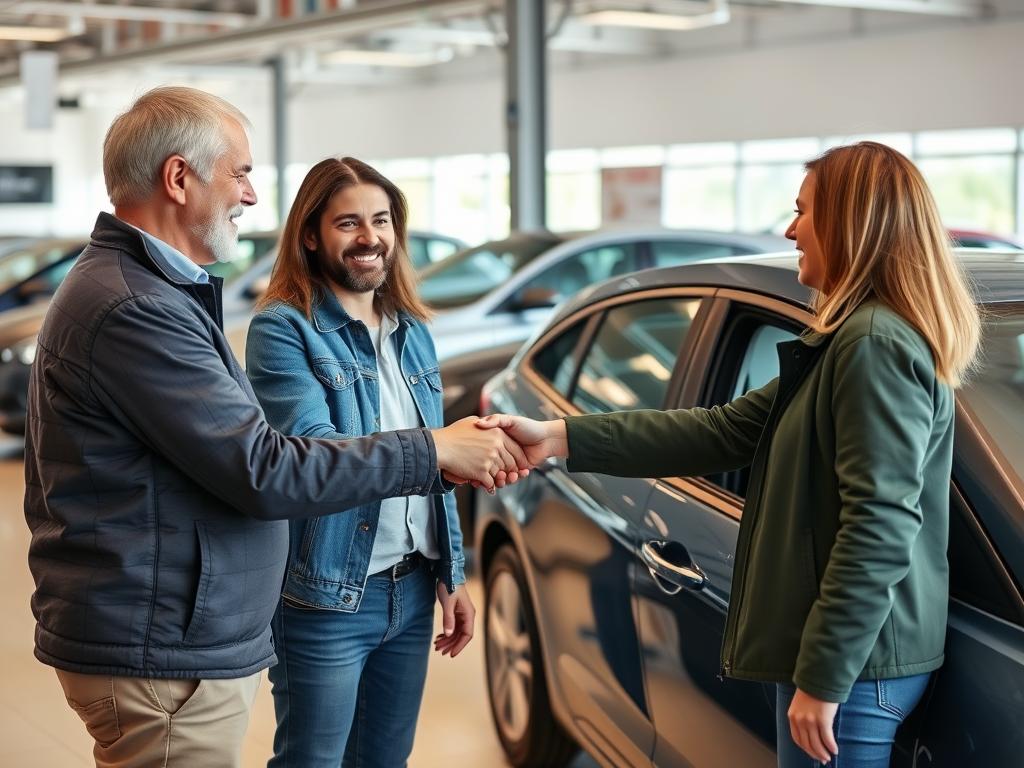 Acheteur satisfait avec sa voiture d'occasion