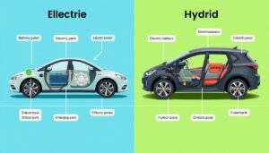 Comparaison entre une voiture électrique et une voiture hybride montrant leurs composants principaux