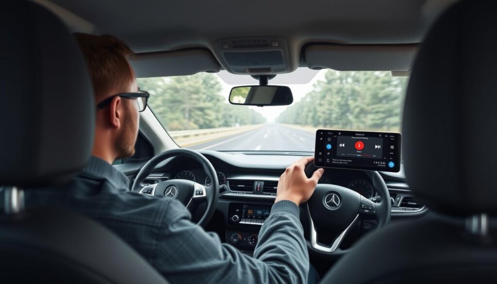 Conducteur utilisant un centre multimédia moderne dans une voiture avec commandes au volant