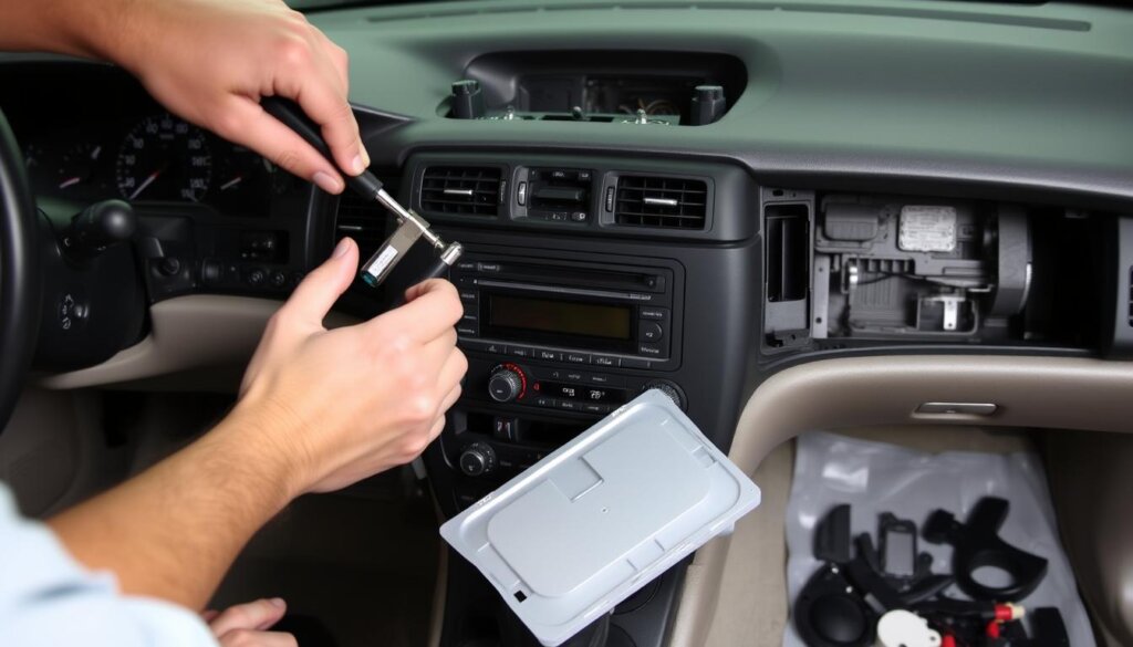 Démontage du tableau de bord d'une voiture pour l'installation d'un centre multimédia