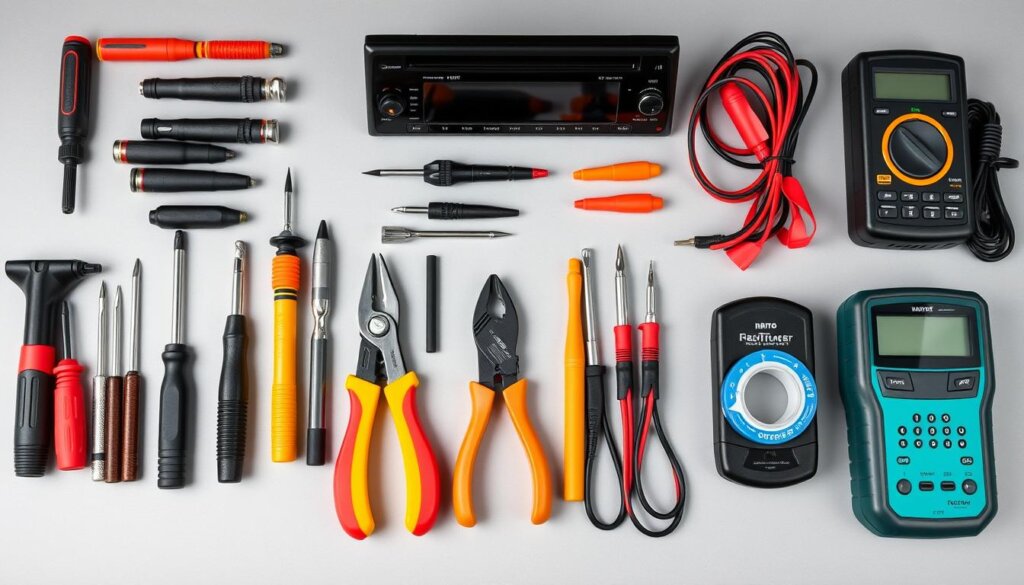 Ensemble d'outils nécessaires pour l'installation d'un centre multimédia dans une voiture