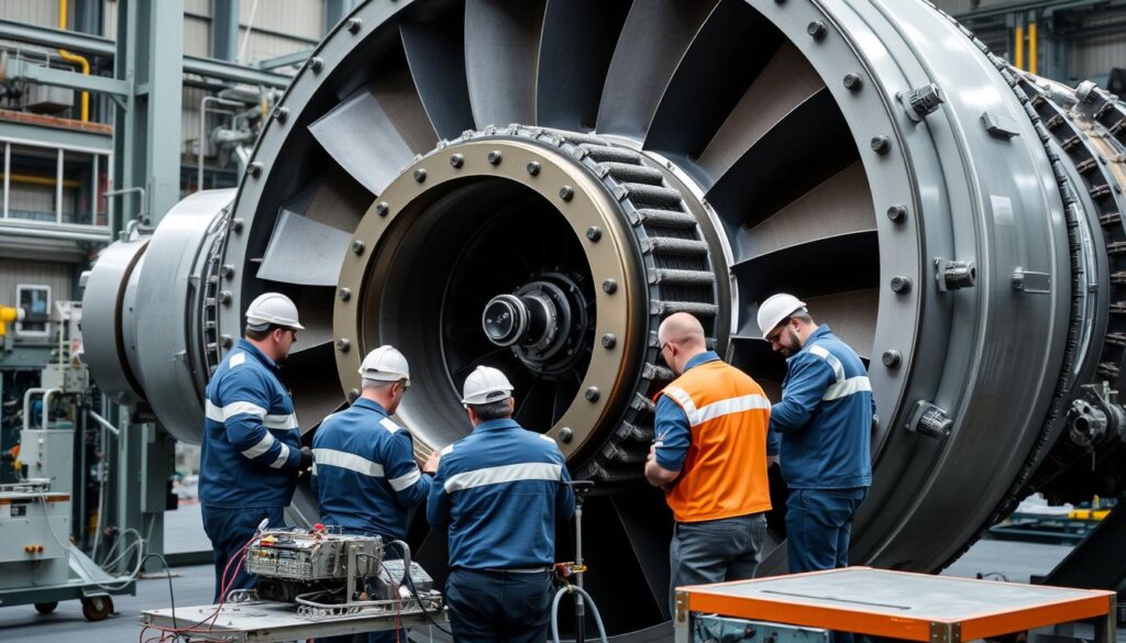 Équipe de maintenance réalisant une inspection complète d'une turbine industrielle