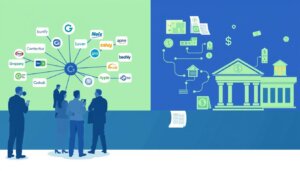 Illustration montrant la différence entre consortium et financement avec des entreprises collaborant d'un côté et des flux financiers de l'autre