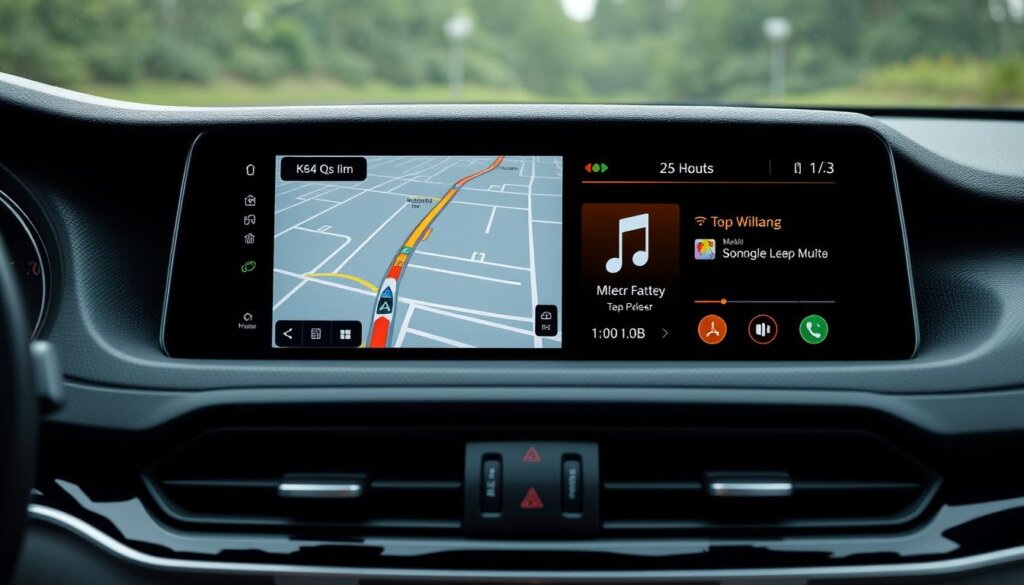 Interface d'un centre multimédia automobile montrant la navigation GPS et les options de musique