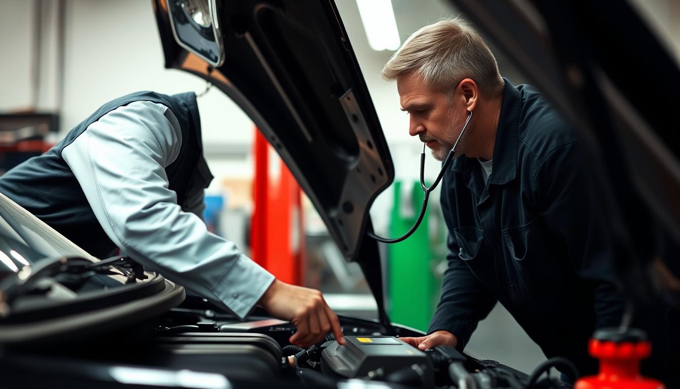 Mécanicien écoutant attentivement un moteur de voiture pour identifier des bruits étranges