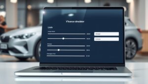Simulateur de financement de véhicule sur un ordinateur portable avec une voiture en arrière-plan