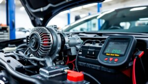 Système électrique d'une voiture montrant l'alternateur et le démarreur connectés à la batterie pour le test des alternateurs et des démarreurs