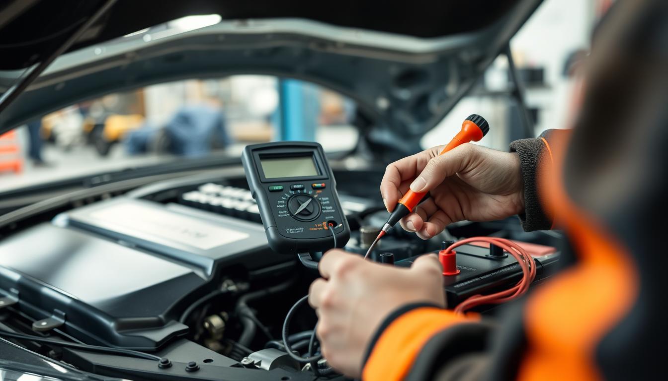 Technicien vérifiant le système électrique d'une voiture avec un multimètre