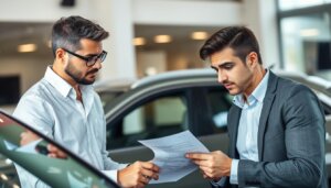 Vendeur automobile présentant un contrat avec des frais de dossier cachés à un client