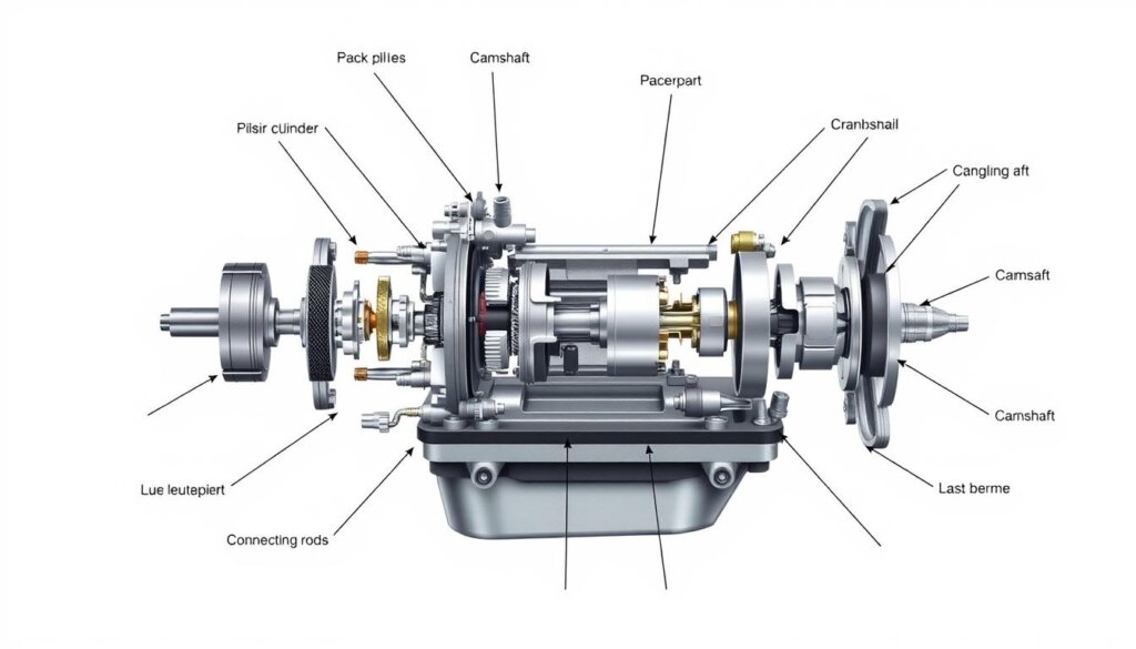 Vue éclatée des composants principaux d'un moteur à combustion interne