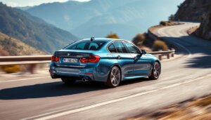 BMW Série 3 bleu métallisé sur route sinueuse montrant la dynamique de conduite