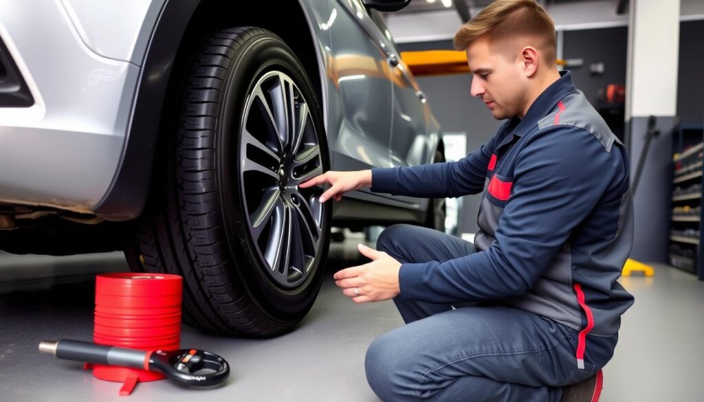 Entretien des pneus sur une voiture avec un mécanicien vérifiant la pression