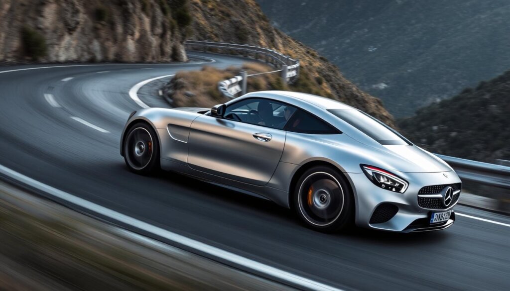 Mercedes-AMG GT sur route sinueuse démontrant les performances exceptionnelles des automobiles Mercedes