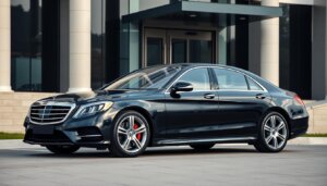 Mercedes-Benz Classe S noire brillante garée devant un bâtiment moderne, illustrant le prestige des automobiles Mercedes