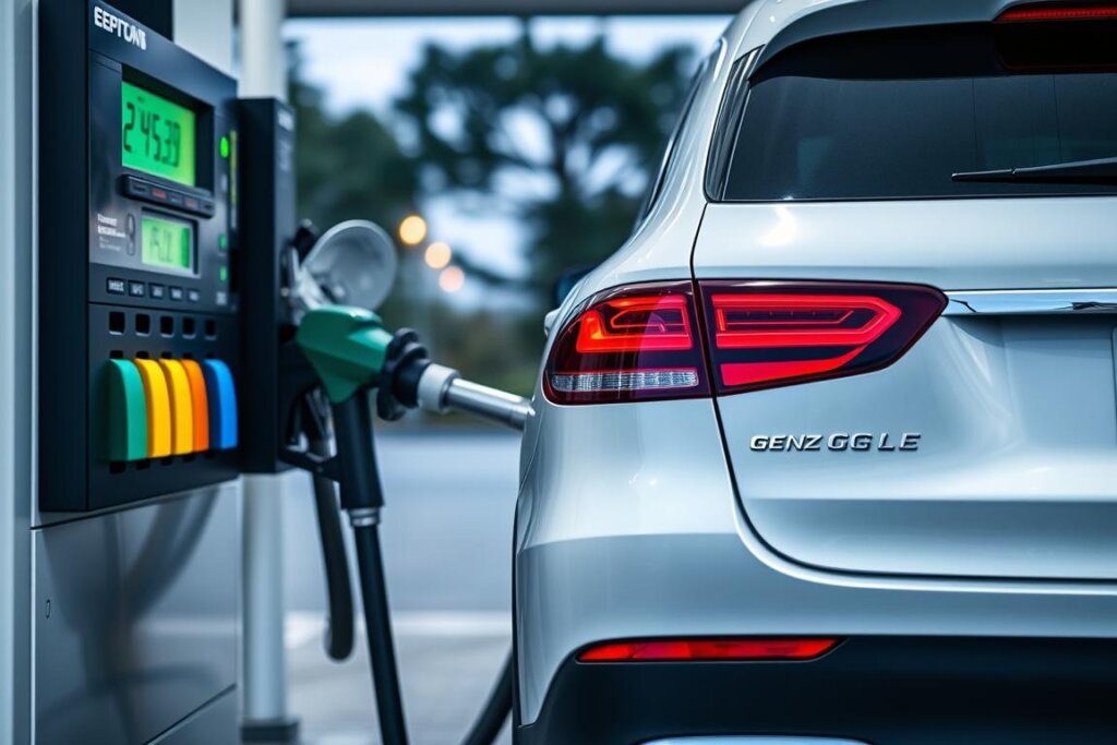 Station-service avec une Mercedes en train de faire le plein, illustrant la consommation de carburant comme inconvénient des automobiles Mercedes