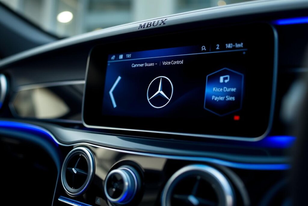 Système MBUX de Mercedes avec écran tactile et commandes vocales, montrant les avantages technologiques des automobiles Mercedes