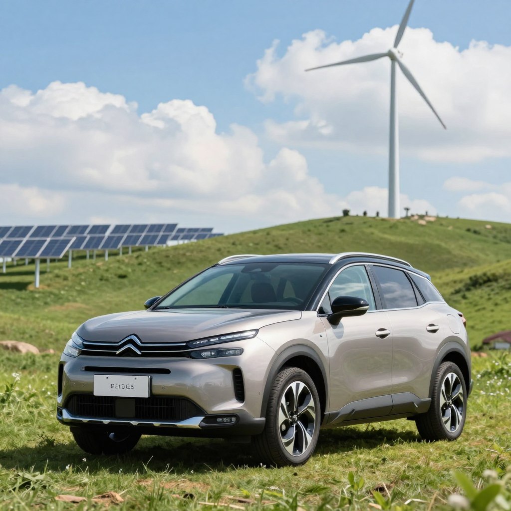 A 2026 Citroën C5 Aircross parked on a lush green hillside, showcasing its aerodynamic design with smooth lines and modern headlights. The vehicle is highlighted in the foreground, reflecting sunlight that emphasizes its eco-friendly features and vibrant color. In the middle ground, a glimpse of renewable energy sources like wind turbines and solar panels signifies ecological awareness. The background features a clear blue sky scattered with fluffy clouds, creating an uplifting atmosphere. Utilize a soft focus effect on the natural elements to draw attention to the car while keeping the lighting natural and bright. The scene embodies a sense of harmony between the vehicle and the environment, showcasing the synergy of innovation and sustainability. A 2026 Citroën C5 Aircross parked on a lush green hillside, showcasing its aerodynamic design with smooth lines and modern headlights. The vehicle is highlighted in the foreground, reflecting sunlight that emphasizes its eco-friendly features and vibrant color. In the middle ground, a glimpse of renewable energy sources like wind turbines and solar panels signifies ecological awareness. The background features a clear blue sky scattered with fluffy clouds, creating an uplifting atmosphere. Utilize a soft focus effect on the natural elements to draw attention to the car while keeping the lighting natural and bright. The scene embodies a sense of harmony between the vehicle and the environment, showcasing the synergy of innovation and sustainability.