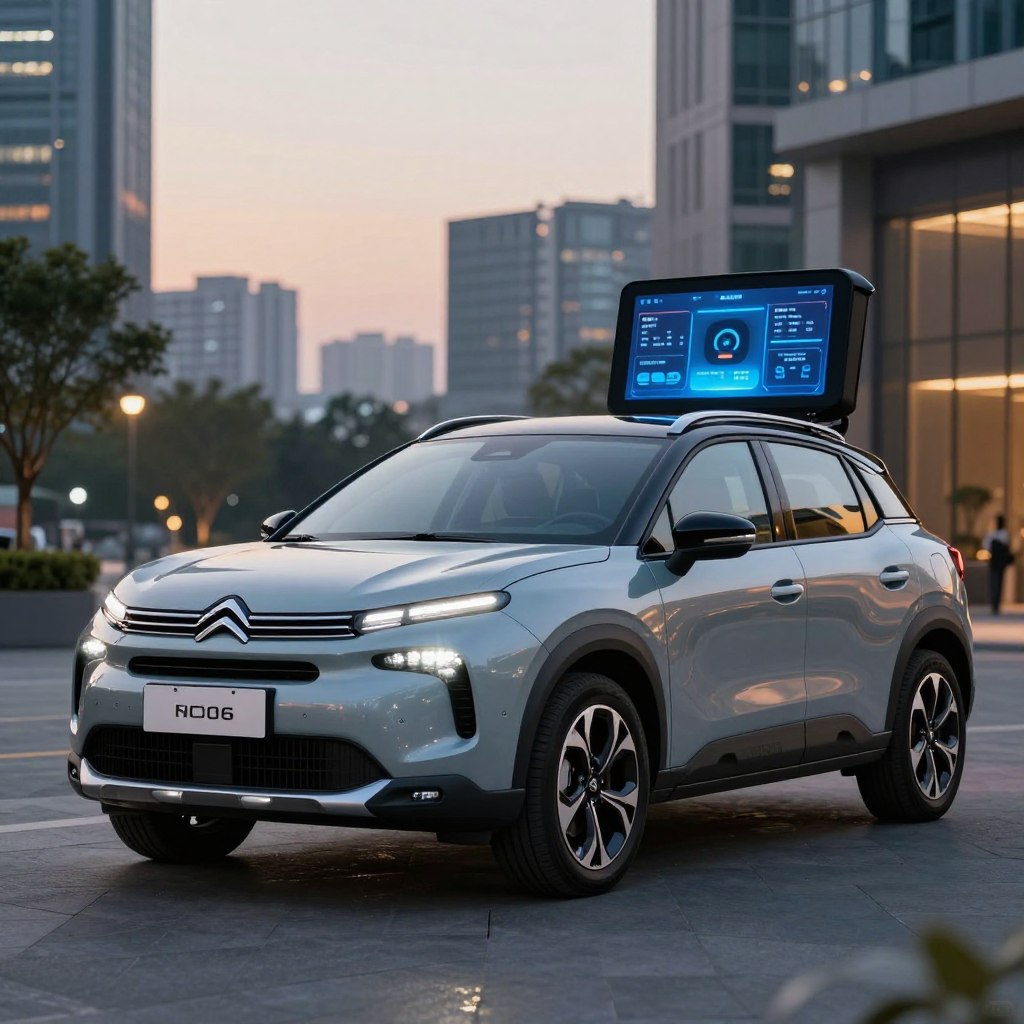 A Citroën C3 Aircross 2026 parked in a modern urban environment, showcasing its sleek and futuristic design. In the foreground, emphasize the car's bold front grille, distinctive headlights, and innovative alloy wheels. The middle ground highlights the advanced connectivity features through subtle reflections on the car's windows, suggesting a high-tech interior view with digital displays and smart interfaces. The background features a vibrant cityscape, with soft evening lighting that enhances the car's colors and textures. Capture the atmosphere of sophistication and technological advancement, using a slightly low-angle shot to give the car an imposing presence. The scene conveys a sense of innovation and modern lifestyle, perfect for a cutting-edge SUV.