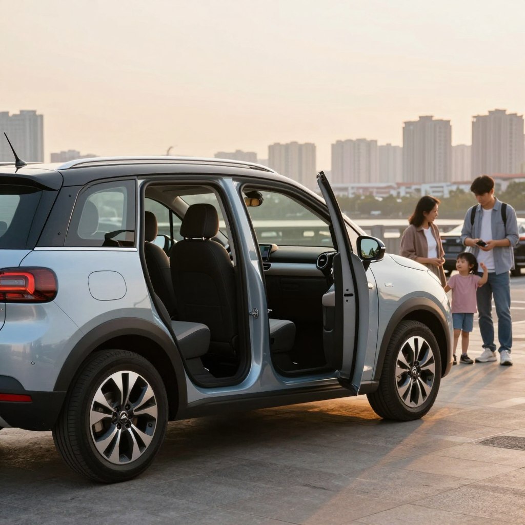 A Citroën C3 Picasso parked in a scenic urban setting, emphasizing its compact design and family-friendly features. In the foreground, focus on the car’s unique shape and spacious interior as the door is slightly ajar, showing its comfortable seating and practical layout. In the middle ground, a family of four is seen examining the vehicle, dressed in modest casual clothing, highlighting the vehicle’s appeal to families. The background includes a city skyline with soft, warm lighting during the golden hour, creating a cozy atmosphere. Capture the contrast between the vehicle’s versatility and a hint of limitations, such as a crowded street scene, suggesting the challenges of city driving. Use a slightly tilted angle to enhance the modern vibe of the SUV.