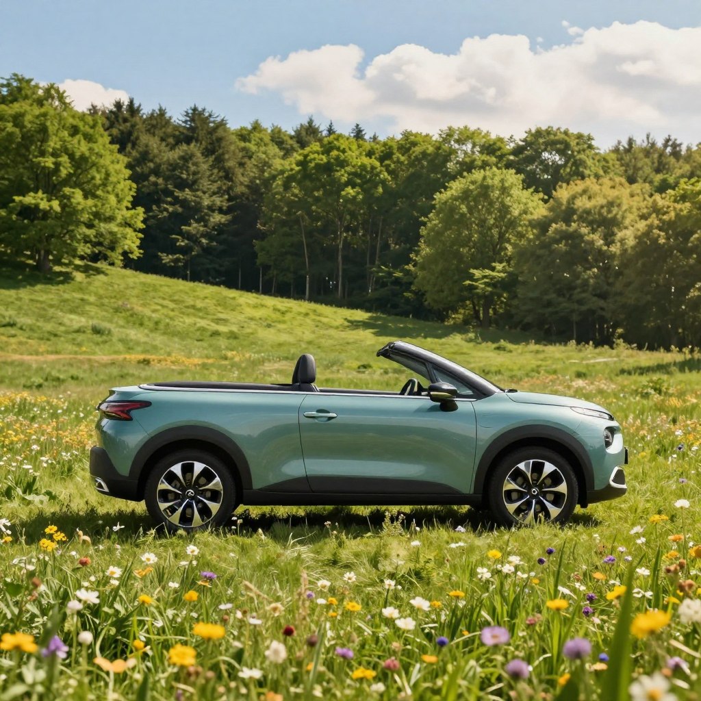 A Citroën C3 Pluriel parked on a vibrant green field, emphasizing its environmentally friendly design. The car is shown in a three-quarter view, highlighting its unique convertible roof and curves. In the foreground, there is a variety of wildflowers, creating a colorful contrast with the car's sleek body. The middle ground features a gentle slope leading up to a serene forest, lush and full of healthy trees, symbolizing nature's beauty. A clear blue sky with soft, white clouds bathes the scene in warm sunlight, giving it an uplifting mood. The image captures the essence of versatility and trendiness, ideal for representing the car's harmonious relationship with the environment.