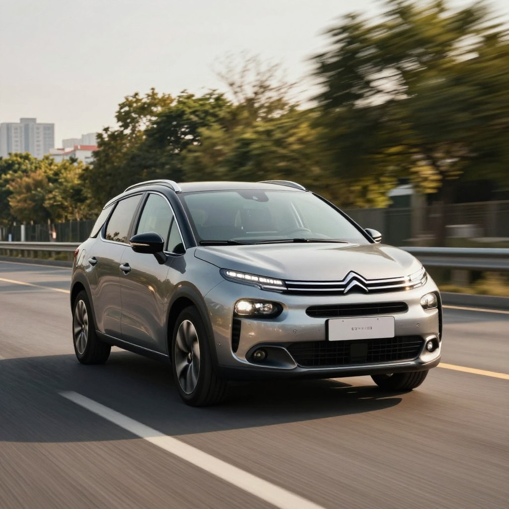 A Citroën Grand C4 Picasso in motion on a dynamic highway, showcasing its performance capabilities. In the foreground, the sleek and aerodynamic design of the vehicle is highlighted, with its signature headlights and distinctive grille gleaming in the sunlight. The middle ground features a blurred background of trees and urban buildings, emphasizing speed and agility. Soft, warm natural lighting casts gentle shadows, enhancing the contours of the car. A wide-angle shot captures the vehicle from a low angle, adding a sense of power and presence. The scene conveys a sense of freedom and excitement, representing the versatility and performance of the Grand C4 Picasso in both city and open-road settings. No people are present in the image.