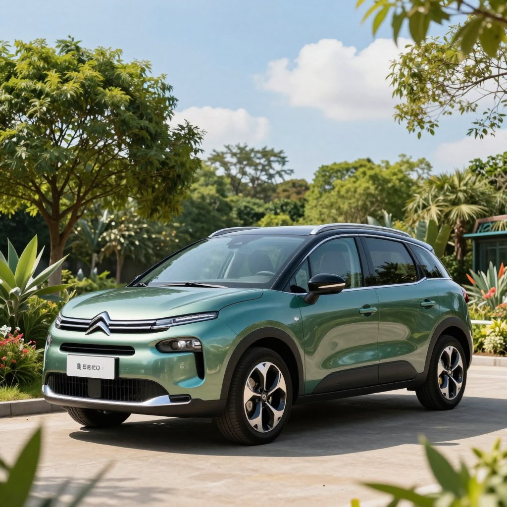 A Citroën Grand C4 Picasso parked in an environmentally-friendly setting, showcasing its sleek, aerodynamic design and spacious interior. In the foreground, the vehicle’s smooth curves reflect sunlight, highlighting its eco-friendly color scheme featuring shades of green and blue. In the middle ground, lush greenery surrounds the car, with trees and plants indicative of a healthy ecosystem. The background reveals a clear blue sky with a few fluffy clouds, suggesting a clean environment. Natural daylight bathes the scene, creating a warm and inviting atmosphere. Capture the image from a low angle to emphasize the grandeur of the vehicle. The overall mood should evoke a sense of ecological responsibility and modern versatility.