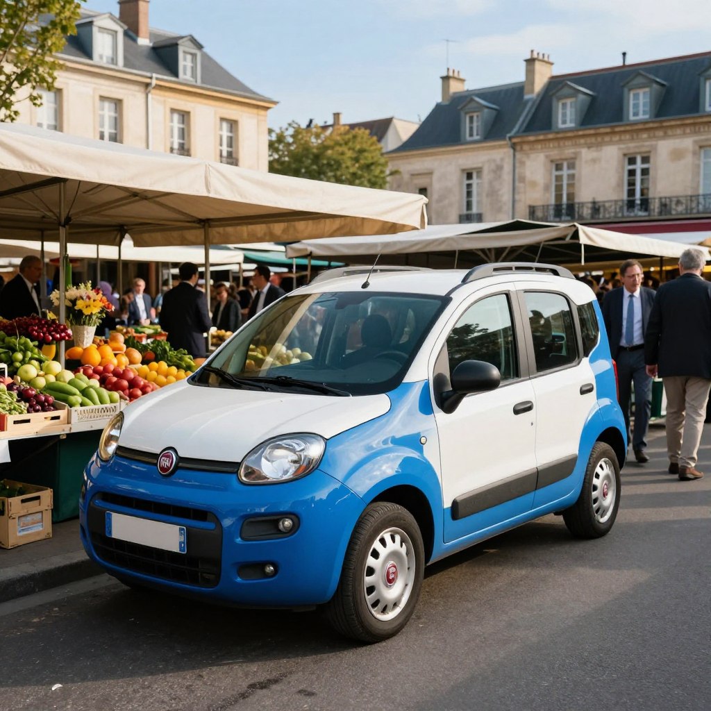A Fiat Panda parked in a bustling French market, showcasing its compact, friendly design with bright blue and white paint. In the foreground, the car is angled slightly to highlight its rounded shape and unique style. Nearby, a display of fresh produce reflects the vibrancy of the market atmosphere. In the middle ground, market stalls with flowers and fruits create a lively backdrop, while shoppers in professional business attire casually navigate the scene. The background features charming French architecture under a clear blue sky, with soft sunlight filtering through. Capture this scene with a warm, inviting mood, using a wide-angle lens to enhance the depth and bring focus to the Fiat Panda as an iconic vehicle thriving in its urban environment.