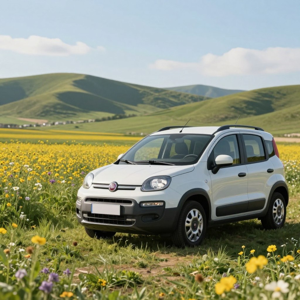 A Fiat Panda parked in a vibrant, green landscape, highlighting its environmental impact. In the foreground, the car is shown with a focus on its eco-friendly features, such as its compact design and efficient engine. In the middle ground, a field of wildflowers thrives, symbolizing biodiversity and a healthy ecosystem. In the background, rolling hills and a clear blue sky convey a serene atmosphere, emphasizing sustainability. Soft, natural lighting bathes the scene, creating a warm and inviting mood. The angle is slightly low, allowing the Fiat Panda to dominate the scene while showcasing the flourishing environment around it. No people are present, ensuring a clean, focused representation of the car and nature.