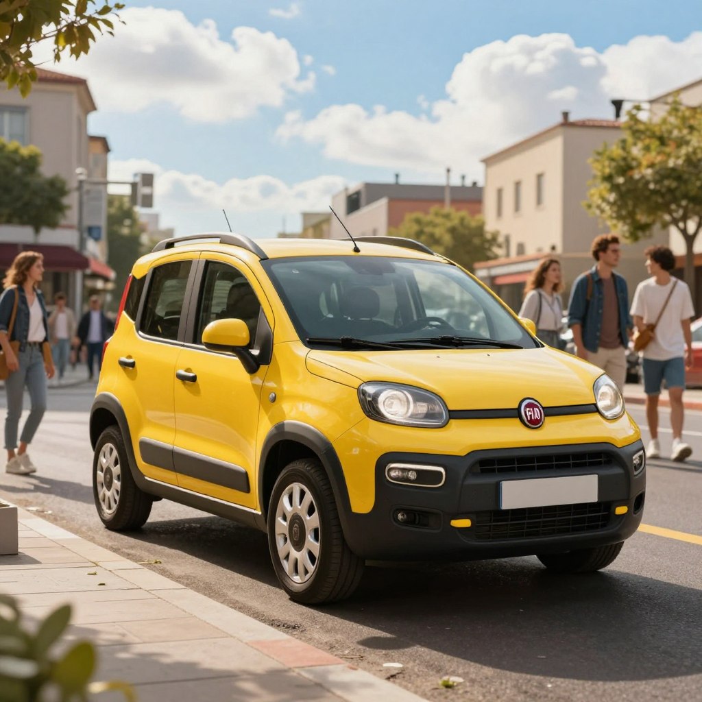 A Fiat Panda parked in a vibrant urban setting, showcasing its customizable exterior features. In the foreground, the car is angled toward the viewer, highlighting its distinctive compact shape and playful color options—such as a bright yellow with contrasting black accents. The middle ground includes a bustling street scene with stylishly dressed individuals admiring the vehicle, adding a touch of modern lifestyle. In the background, a sunny blue sky with fluffy white clouds enhances the vibrant atmosphere. The image is illuminated by warm, natural light, creating soft shadows. The perspective is slightly low, emphasizing the Fiat Panda's unique design and inviting viewers to appreciate the possibilities for personalization. The overall mood is energetic and optimistic, showcasing the charm of this iconic car amid a lively city environment.