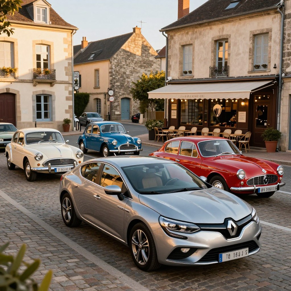 A beautiful showcase of iconic French cars representing the best brands like Renault, Peugeot, and Citroën parked elegantly on a sunlit cobblestone street in a picturesque French town. In the foreground, a sleek, modern Renault captures attention, while classic Peugeot models exude vintage charm in the middle ground. The background features a quaint café with outdoor seating and historic architecture, bathed in warm golden hour light, casting gentle shadows. The scene embodies a vibrant and sophisticated automotive culture, inviting viewers to explore the artistry and engineering of French automobiles. The mood is lively yet refined, emphasizing the elegance and heritage of these renowned brands. Capture this moment with a wide-angle lens to include all atmospheric details, ensuring a clear, vivid representation without any text or distractions.