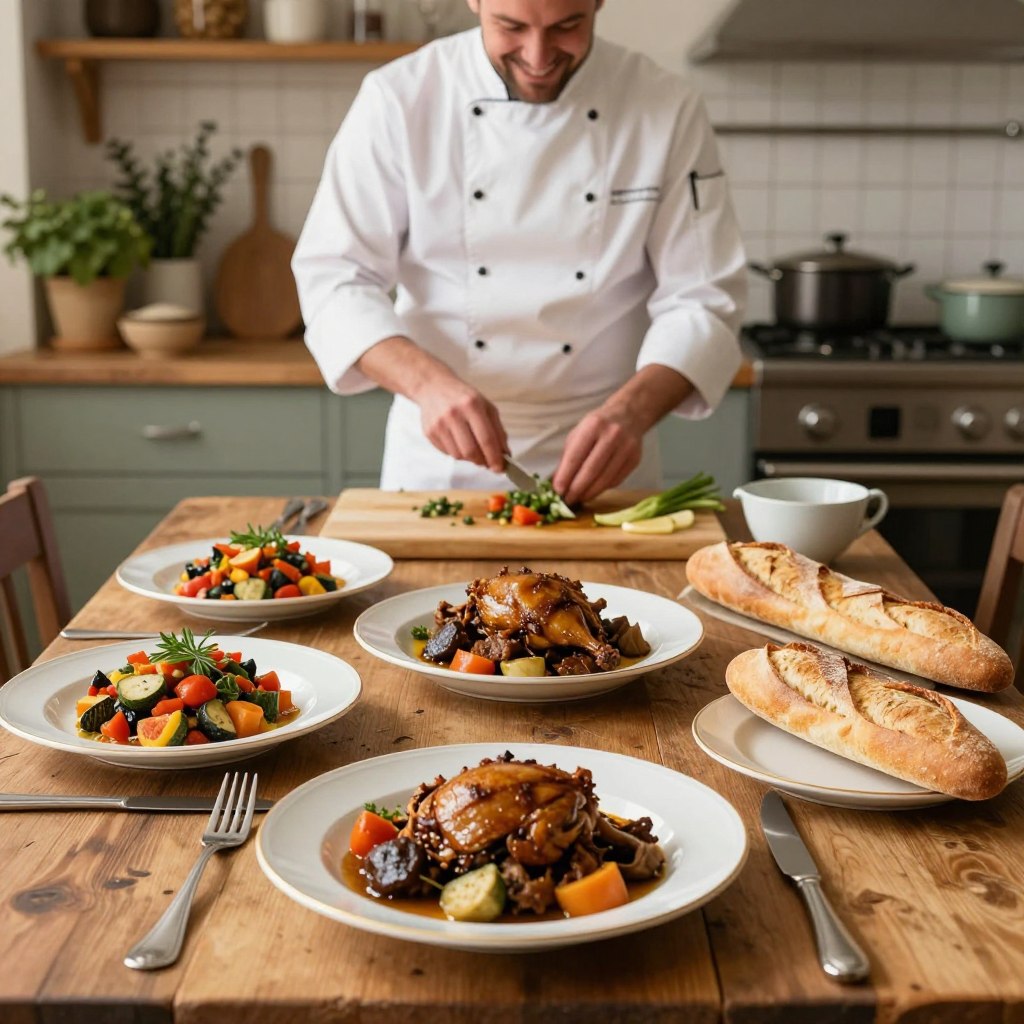 A beautifully arranged French cuisine spread on a rustic wooden table. In the foreground, showcase classic French dishes like coq au vin, ratatouille, and a fresh baguette, all presented elegantly on fine porcelain plates. The middle ground features a chef in a pristine white chef's coat, busy preparing ingredients with a cheerful expression, conveying a sense of passion for cooking. The background highlights a cozy kitchen scene with vintage cookware, herbs in pots, and warm, inviting lighting that creates a soft, homey atmosphere. Capture the essence of French culinary tradition with a focus on warm colors and natural materials, evoking a sense of comfort and gourmet delight, taken with a slightly overhead angle to reveal the entirety of the layout.