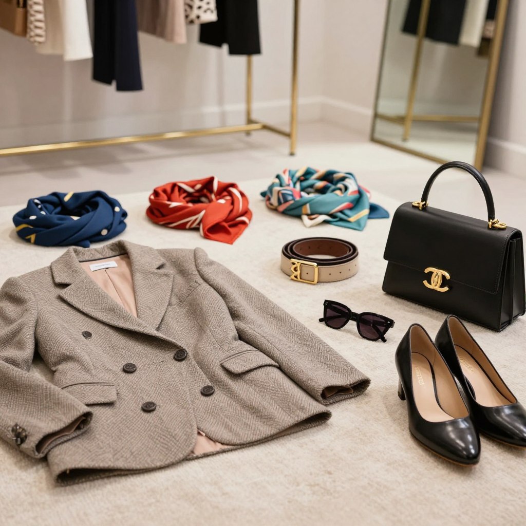 A beautifully arranged flat lay showcasing a variety of clothing and accessories. In the foreground, feature high-quality items such as a tailored blazer, a chic handbag, elegant footwear, and stylish sunglasses, all placed neatly on a textured fabric background. In the middle ground, display a selection of colorful scarves and belts, coordinating with the foreground items, emphasizing diversity in styles. In the background, softly blurred, include hints of a dressing room setting with hanging garments and a full-length mirror to create depth. The lighting should be bright and inviting, highlighting the textures of the fabrics and the polished surfaces of the accessories. The atmosphere is stylish and sophisticated, appealing to fashion enthusiasts looking for inspiration.