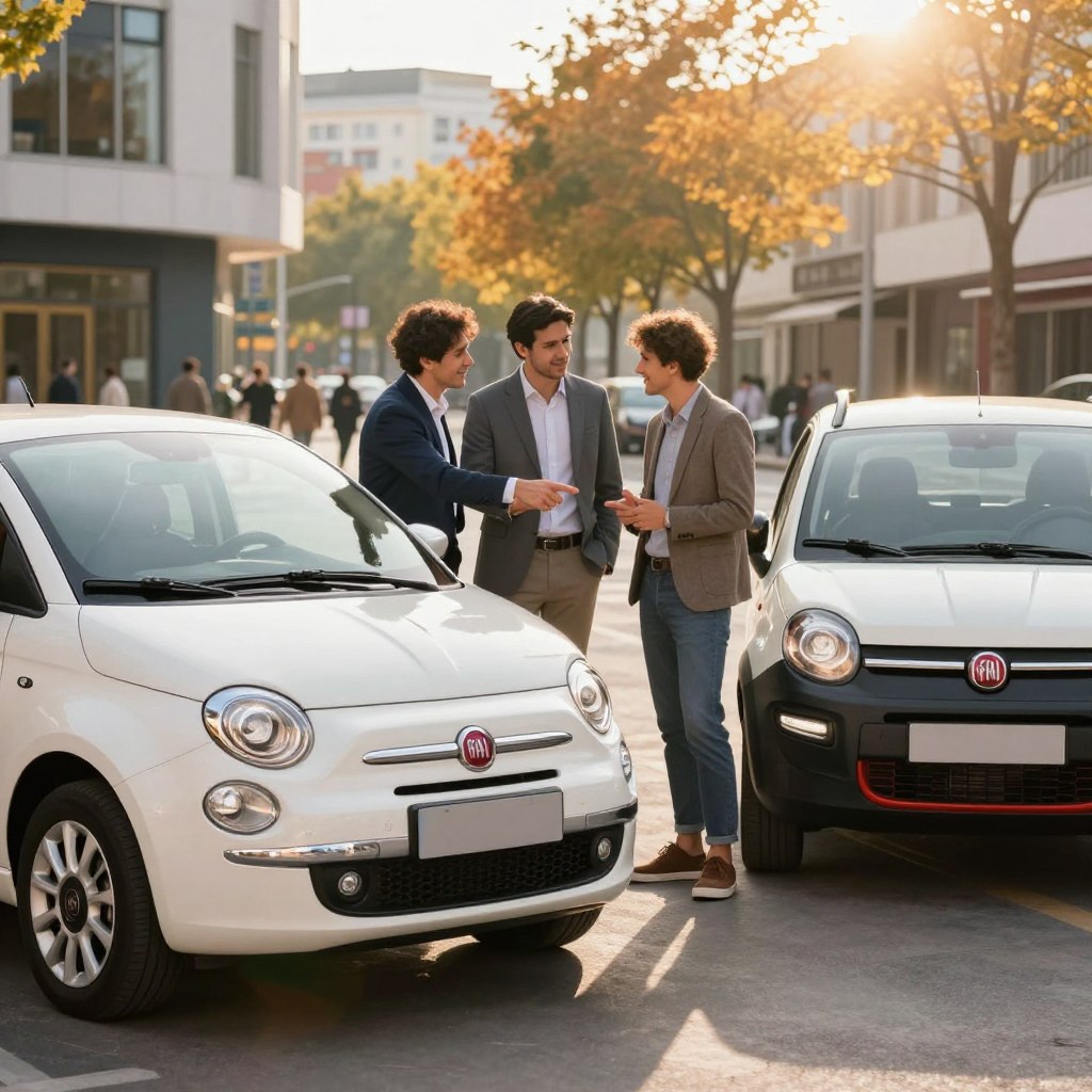 A beautifully designed split image showcasing the popular Fiat models in urban settings. In the foreground, feature two Fiat compact cars, the Fiat 500 and Fiat Panda, parked next to each other, highlighting their stylish designs. In the middle ground, show a diverse group of three people (two men and a woman) dressed in casual yet professional attire, discussing the cars with enthusiasm, pointing at different features. In the background, a bustling city street with modern architecture and vibrant fall foliage creates an inviting atmosphere. The lighting is warm and natural, simulating a sunny afternoon, with a slight lens flare for an uplifting feeling. The overall mood should be friendly and engaging, capturing a community-oriented vibe around Fiat vehicles. A beautifully designed split image showcasing the popular Fiat models in urban settings. In the foreground, feature two Fiat compact cars, the Fiat 500 and Fiat Panda, parked next to each other, highlighting their stylish designs. In the middle ground, show a diverse group of three people (two men and a woman) dressed in casual yet professional attire, discussing the cars with enthusiasm, pointing at different features. In the background, a bustling city street with modern architecture and vibrant fall foliage creates an inviting atmosphere. The lighting is warm and natural, simulating a sunny afternoon, with a slight lens flare for an uplifting feeling. The overall mood should be friendly and engaging, capturing a community-oriented vibe around Fiat vehicles.