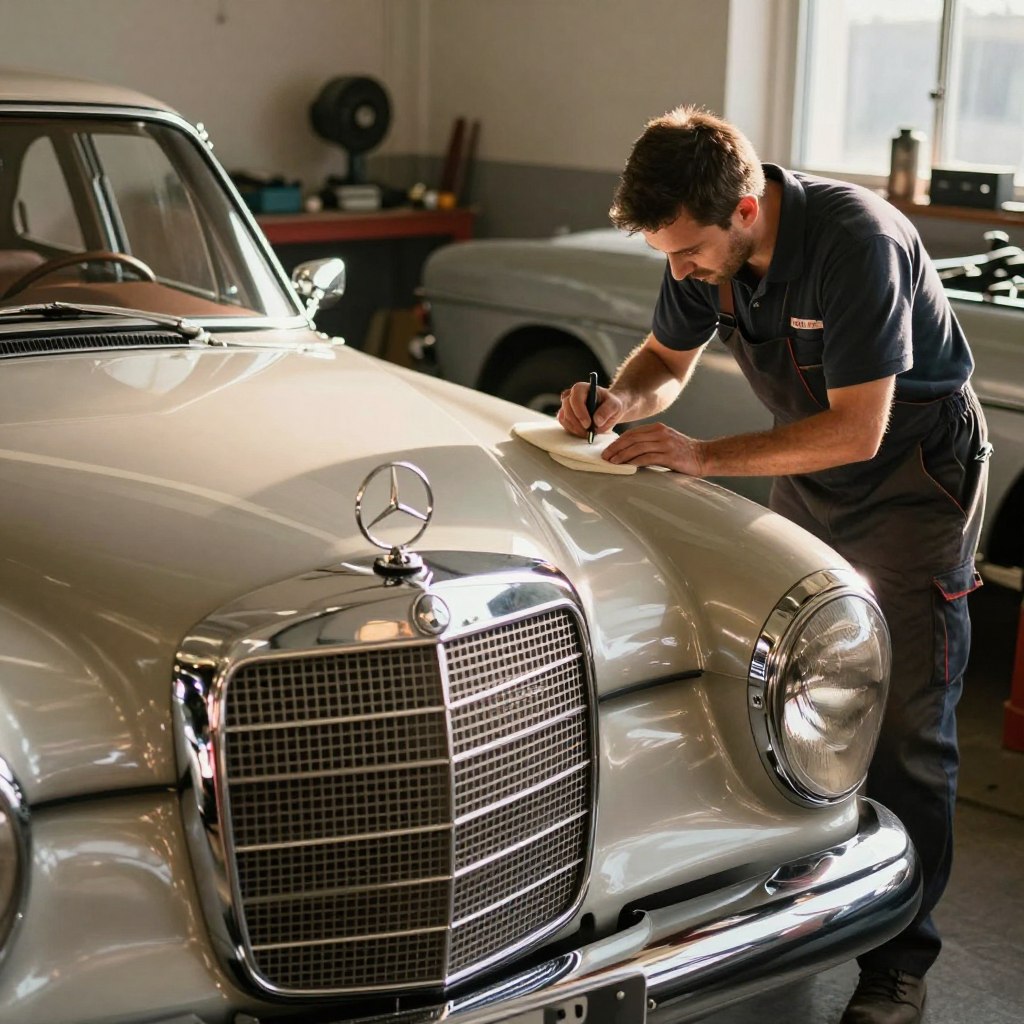 A beautifully restored classic Mercedes-Benz, showcasing its elegant lines and timeless design. The foreground features the gleaming chrome grille and iconic logo, reflecting sunlight. In the middle ground, a mechanic in professional work attire meticulously polishes the car’s body, emphasizing the care taken in restorations. In the background, a tranquil workshop space with tools and classic car parts slightly out of focus creates depth. The lighting is warm and inviting, highlighting the car’s curves and details, with soft shadows enhancing the mood of craftsmanship and dedication. The overall atmosphere radiates a sense of nostalgia and pride in automotive restoration.