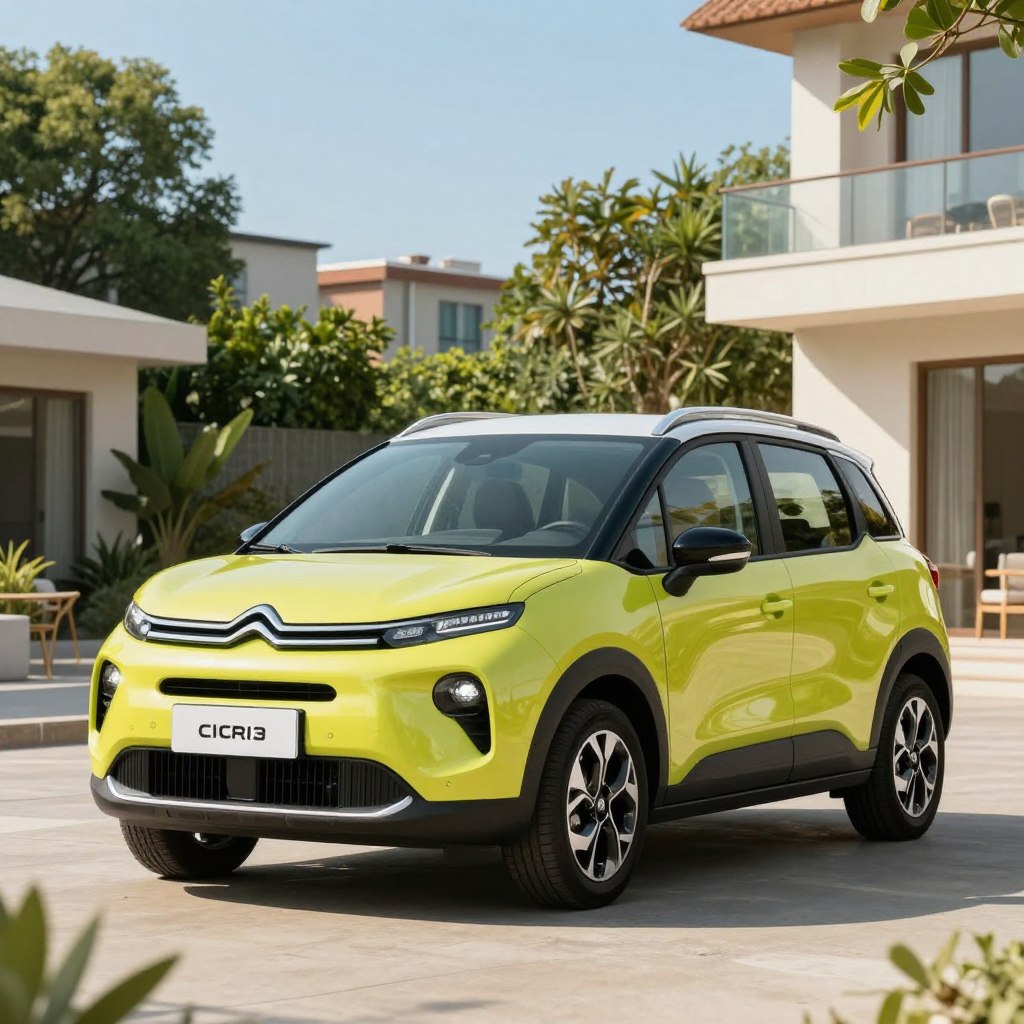 A bright and modern Citroën C3 Picasso showcased prominently in the foreground, highlighting its unique, compact SUV design with a bold, stylish front grille and oversized headlights. The body features vibrant colors, reflecting a lifestyle of family adventure. In the middle ground, a scenic urban environment with lush greenery and contemporary buildings, illustrating a family-friendly atmosphere. Soft, natural sunlight casts gentle shadows, enhancing the car's curves. In the background, a clear blue sky adds to the cheerful vibe. The overall mood is lively and inviting, perfect for showcasing the advantages of the Citroën C3 Picasso as a versatile family vehicle. The angle captures the car slightly from the side, giving a dynamic and engaging perspective.