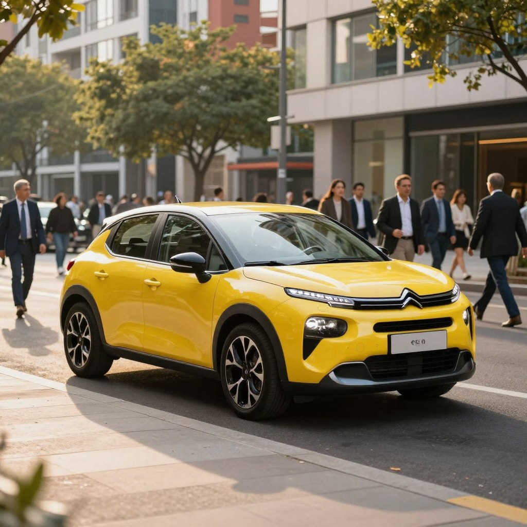 A bright and stylish Citroën C3 Pluriel, showcasing its unique tuning modifications, parked on a bustling city street. In the foreground, the car's sleek curves and eye-catching alloy wheels gleam under soft, warm afternoon sunlight. The middle ground features pedestrians in professional business attire, casually walking by, embodying everyday urban life. The background reveals a vibrant urban setting with modern buildings and leafy trees, suggesting a harmonious blend of functionality and trendiness. The scene is captured with a wide-angle lens, emphasizing the car's position as a centerpiece, while creating a lively, dynamic atmosphere. Shadows play gently across the pavement, adding depth to the composition, evoking a sense of versatility and style in daily commutes.