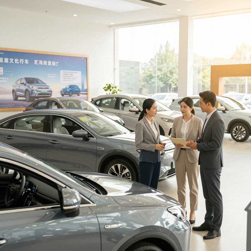 A bright, well-lit car dealership showcasing a range of modern vehicles for sale. In the foreground, a friendly car salesperson in professional attire is interacting with a couple, who are dressed casually yet modestly, assessing a sleek sedan. In the middle ground, various car models like sedans, SUVs, and electric vehicles are displayed, highlighting their unique designs and features. The background features banners with informative graphics on car buying tips and financing options, creating an inviting atmosphere. The scene is captured from a slightly low angle, enhancing the cars' impressive stature, with warm, natural lighting that adds a welcoming mood, emphasizing the excitement and importance of the car-buying experience.