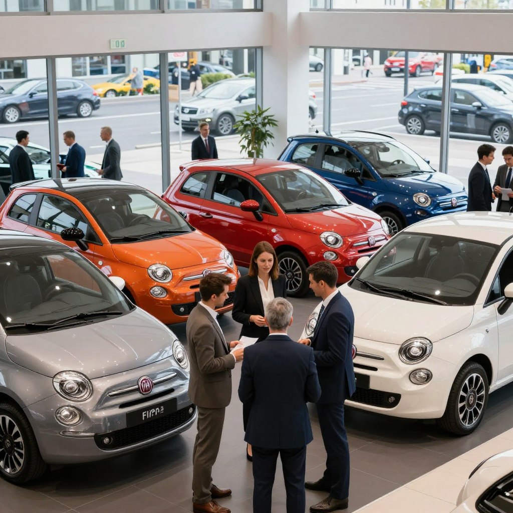 A bustling Fiat dealership in Europe, showcasing a sleek, modern showroom filled with the latest Fiat models, including the Fiat 500 and Panda. In the foreground, a diverse group of well-dressed salespeople, men and women in professional attire, engage with interested customers, discussing features and financing options. The middle ground features vibrant Fiat vehicles lined up, brightly illuminated under soft, natural lighting that enhances their colors. In the background, large windows overlook a bustling street scene, with pedestrians and other vehicles passing by, creating a dynamic urban atmosphere. The overall mood is optimistic and energetic, reflecting Fiat's commitment to innovation and customer satisfaction in the European market, captured from a dynamic angle that emphasizes the dealership's modern architecture.