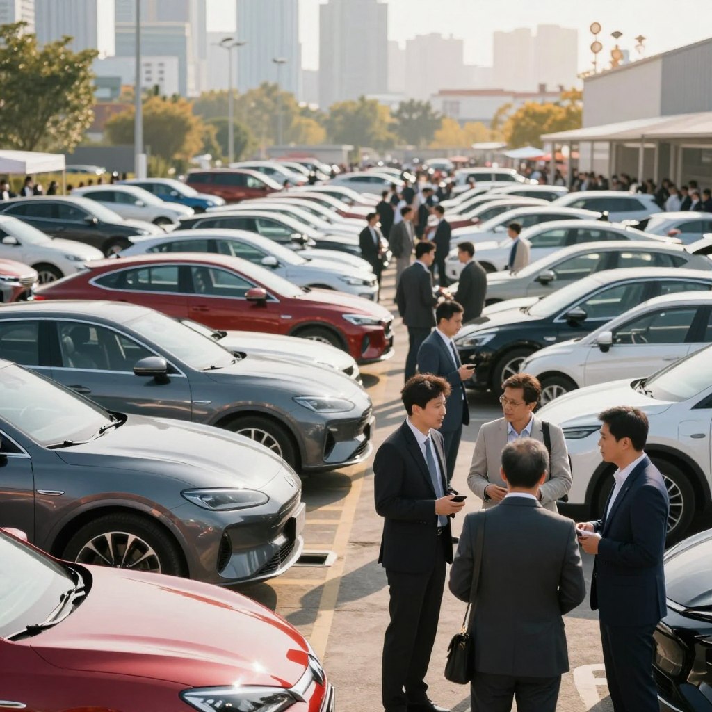 A bustling automobile market scene showcasing a vibrant mix of modern cars, vintage vehicles, and electric models. In the foreground, diverse individuals in professional business attire engage in discussions and examining cars. The middle ground features rows of shiny automobiles, highlighting new and popular models, with their colors glistening under bright sunlight. In the background, a dynamic city skyline sets the scene, subtly emphasizing urban traffic trends. The lighting is warm and inviting, suggesting a sunny day, with soft shadows enhancing the depth of the image. The overall mood is energized and optimistic, reflecting the current trends in the automotive industry and its evolution towards innovative solutions. The composition should be balanced and engaging, inviting viewers to explore the market's offerings.