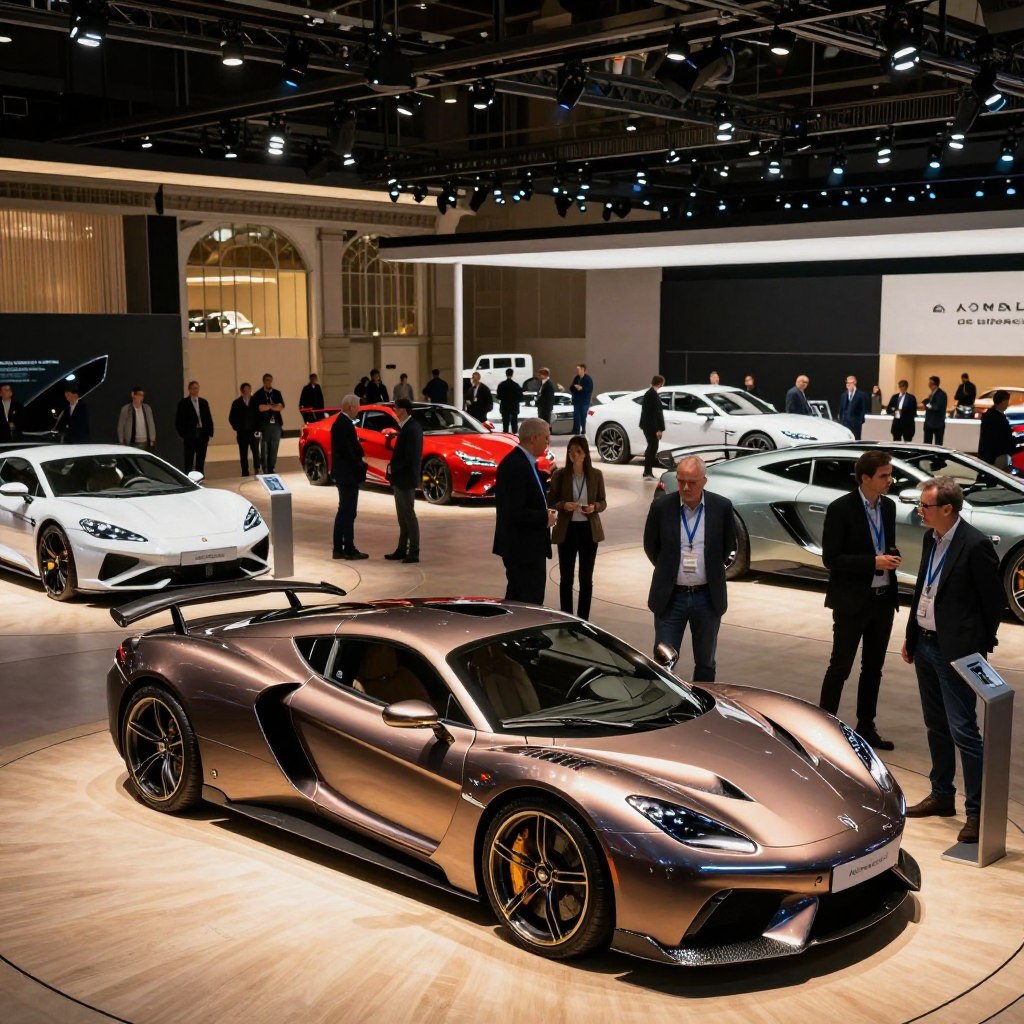 A bustling scene from the "Mondial de l'Auto" at Paris, showcasing an array of luxury cars highlighted under elegant spotlights. In the foreground, a sleek, modern supercar in a rich metallic finish gleams under soft, diffused lighting, reflecting the attention of professional attendees in business attire admiring the vehicle. The middle layer features a spacious exhibition area with meticulously arranged booths, showcasing innovative automotive designs and cutting-edge technology. In the background, the iconic Paris Expo Porte de Versailles building is partially visible, framed by the excitement of the event with visitors engaging passionately. The atmosphere is vibrant and sophisticated, with warm ambient lighting creating a sense of exclusivity and allure, capturing the essence of luxury in the automotive world.