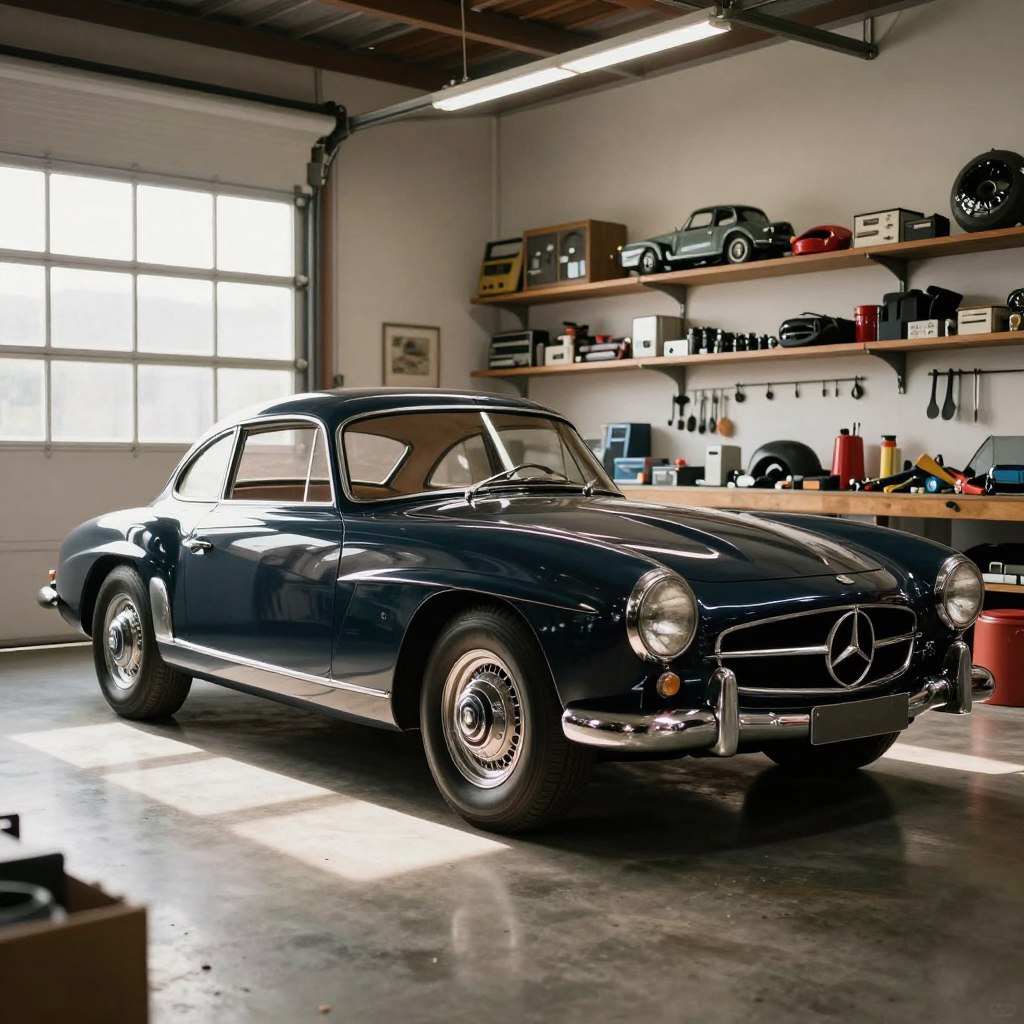 A captivating side profile of a classic vintage Mercedes, showcasing its elegant curves and iconic features. The car is positioned in a well-lit garage filled with tools and restoration supplies, highlighting the meticulous care involved in its restoration. Soft, natural light streams through a large window, casting gentle shadows and illuminating the car's polished chrome and deep paintwork. In the background, shelves lined with vintage car memorabilia and restoration parts add depth to the scene. The mood reflects a blend of nostalgia and professionalism, capturing the dedication of classic car enthusiasts. The perspective is a slightly low angle, emphasizing the grandeur of the vehicle against the practical backdrop, evoking a sense of admiration for automotive craftsmanship.