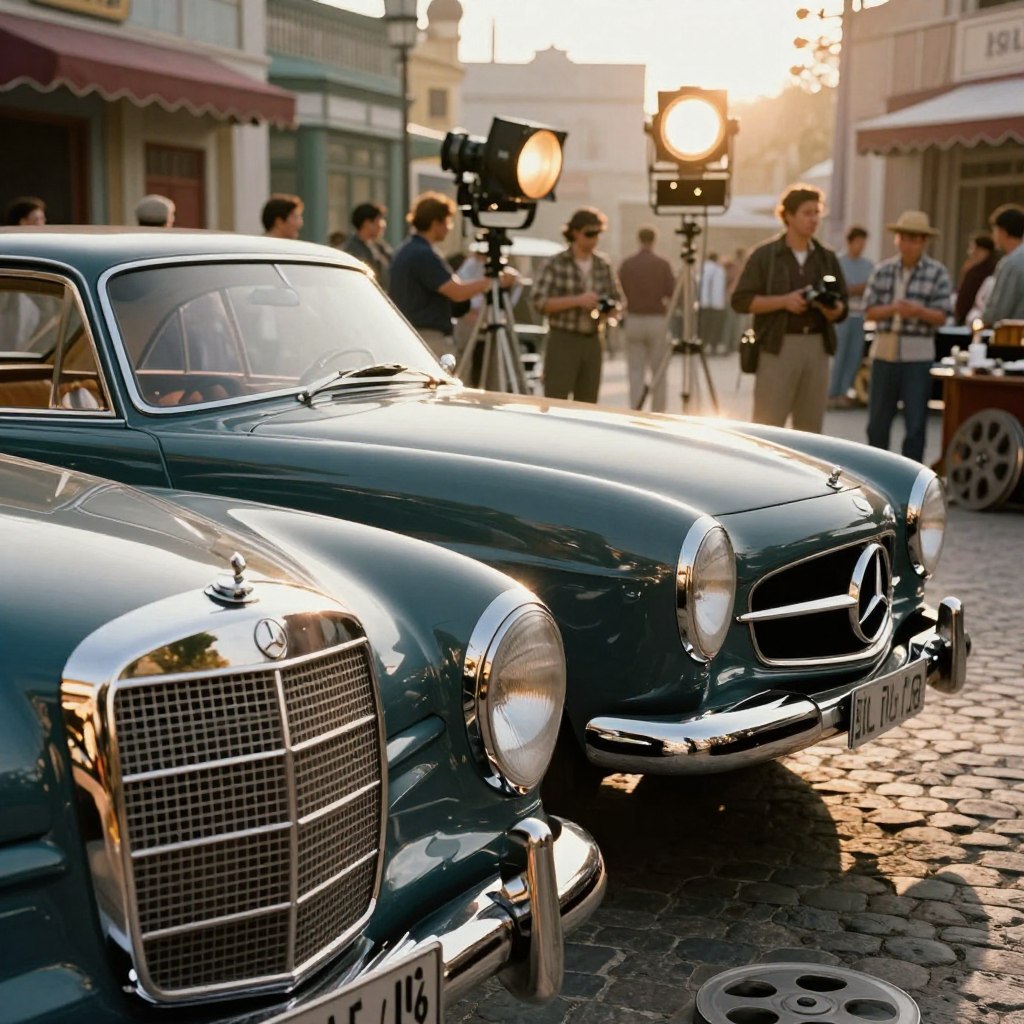 A captivating side profile of a vintage Mercedes-Benz, showcasing its elegant curves and classic design, parked in a bustling 1960s film set. In the foreground, the gleaming chrome grill catches the warm golden hour light, reflecting the surrounding scenery. The middle of the image features the smooth silhouette of the car, highlighting its iconic badge and finely detailed lines. In the background, a retro film crew is setting up lights and cameras on cobblestone streets adorned with vintage storefronts, creating a nostalgic cinematic ambience. The atmosphere feels lively and vibrant, with film reels and classic props scattered about. Soft lens flare enhances the dream-like quality, emphasizing the timeless allure of the Mercedes-Benz in this nostalgic cinematic world.