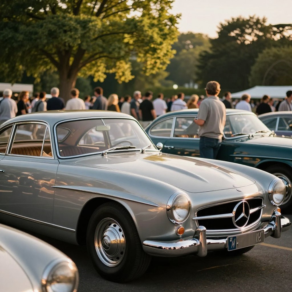 A captivating side profile of a vintage Mercedes, showcasing its elegant curves and iconic design elements. The scene captures the car parked at a classic car gathering, surrounded by lush green trees and a softly blurred crowd of enthusiasts in modest casual attire. The focus is on the polished chrome grille and the gleaming paintwork under the warm golden hour lighting. The composition features an angled perspective, emphasizing the long hood and sleek silhouette of the vehicle. The background is softly blurred, creating a sense of depth while maintaining the vintage ambiance. The mood is nostalgic and celebratory, reflecting the excitement of automotive history and community.
