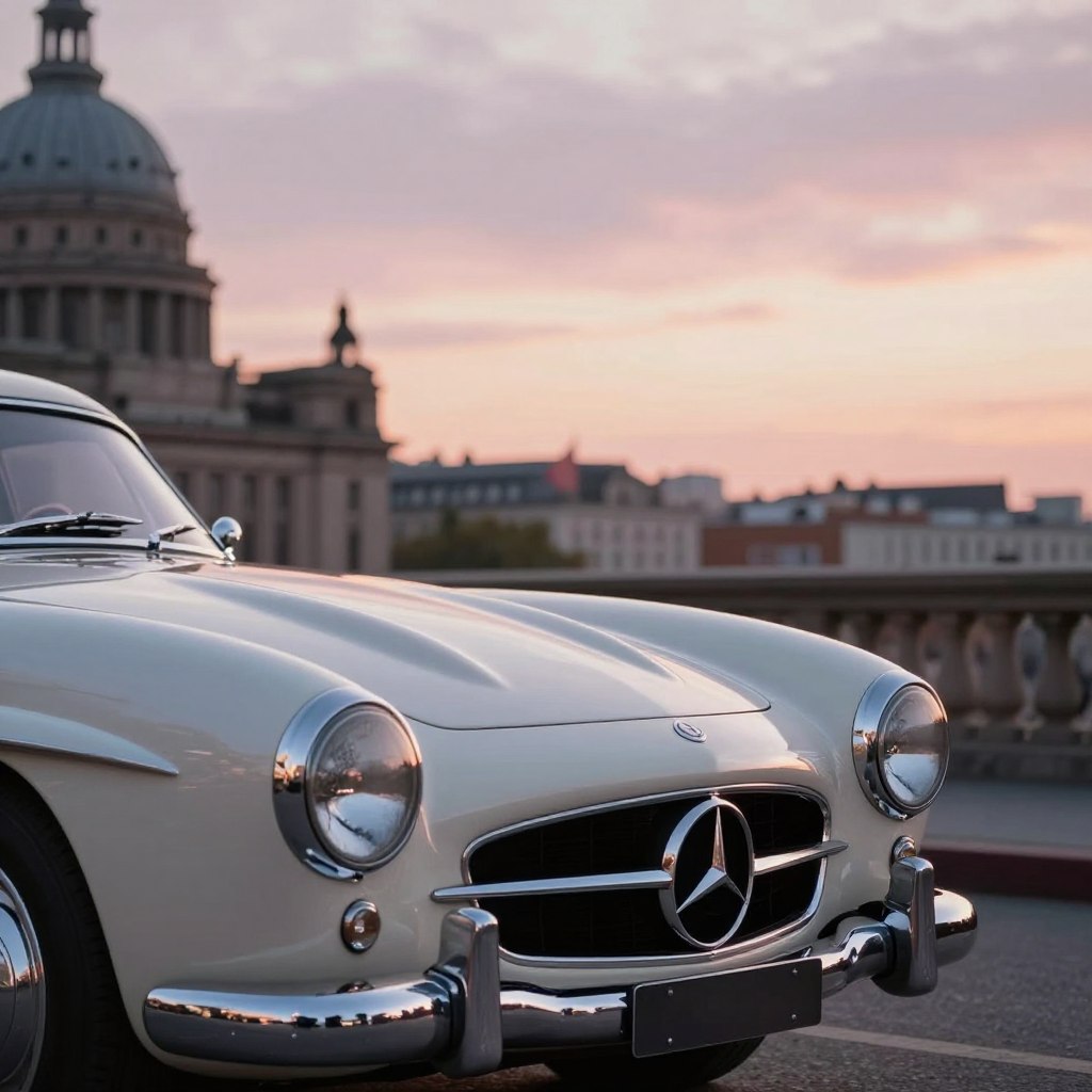 A captivating side profile of a vintage Mercedes, showcasing its timeless elegance and classic design. The foreground features the sleek contours of the car, gleaming under soft, natural light, emphasizing the polished chrome accents and distinctive grille. In the middle ground, a blurred cityscape enhances the luxurious feel, with historic buildings hinting at the car’s rich heritage. The background includes a pastel sunset sky, casting a warm glow that highlights the car's curves. Shot from a low angle, this image creates a powerful presence, evoking nostalgia and sophistication. The atmosphere is serene and refined, inviting viewers to appreciate the artistry of automotive design without distractions, ensuring a focus on the exquisite vehicle.