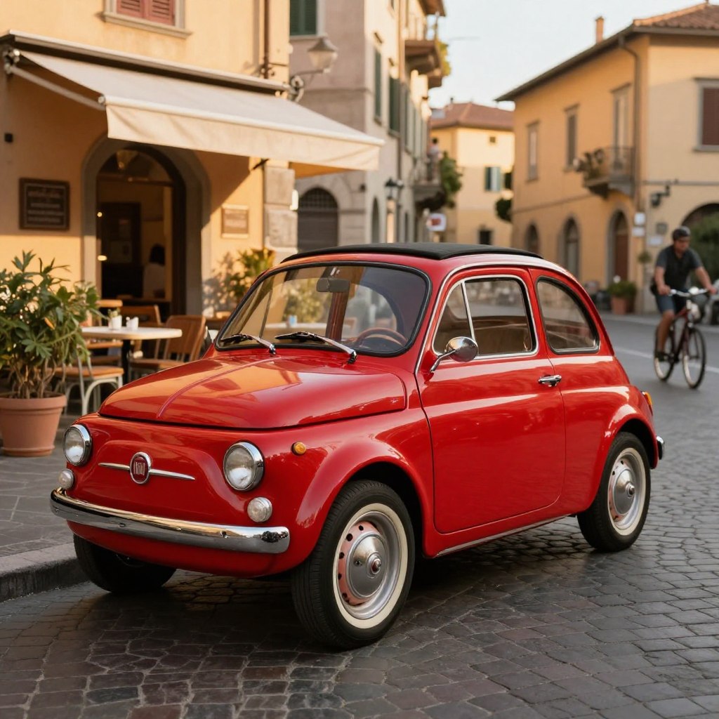 A classic Fiat 500 parked on a charming cobblestone street in Italy, showcasing its iconic rounded design and vibrant red exterior. The foreground features the car angled slightly to the left, highlighting its distinctive curves and vintage charm with shiny chrome accents and whitewall tires. In the middle ground, a quaint Italian café with outdoor seating and potted plants adds to the atmosphere, with cyclists passing by. The background includes sunlit buildings with warm-toned walls and a blue sky, creating a cheerful, inviting setting. Capture the scene in soft, natural lighting during golden hour for a nostalgic feel, using a shallow depth of field to emphasize the car while gently blurring the surroundings.