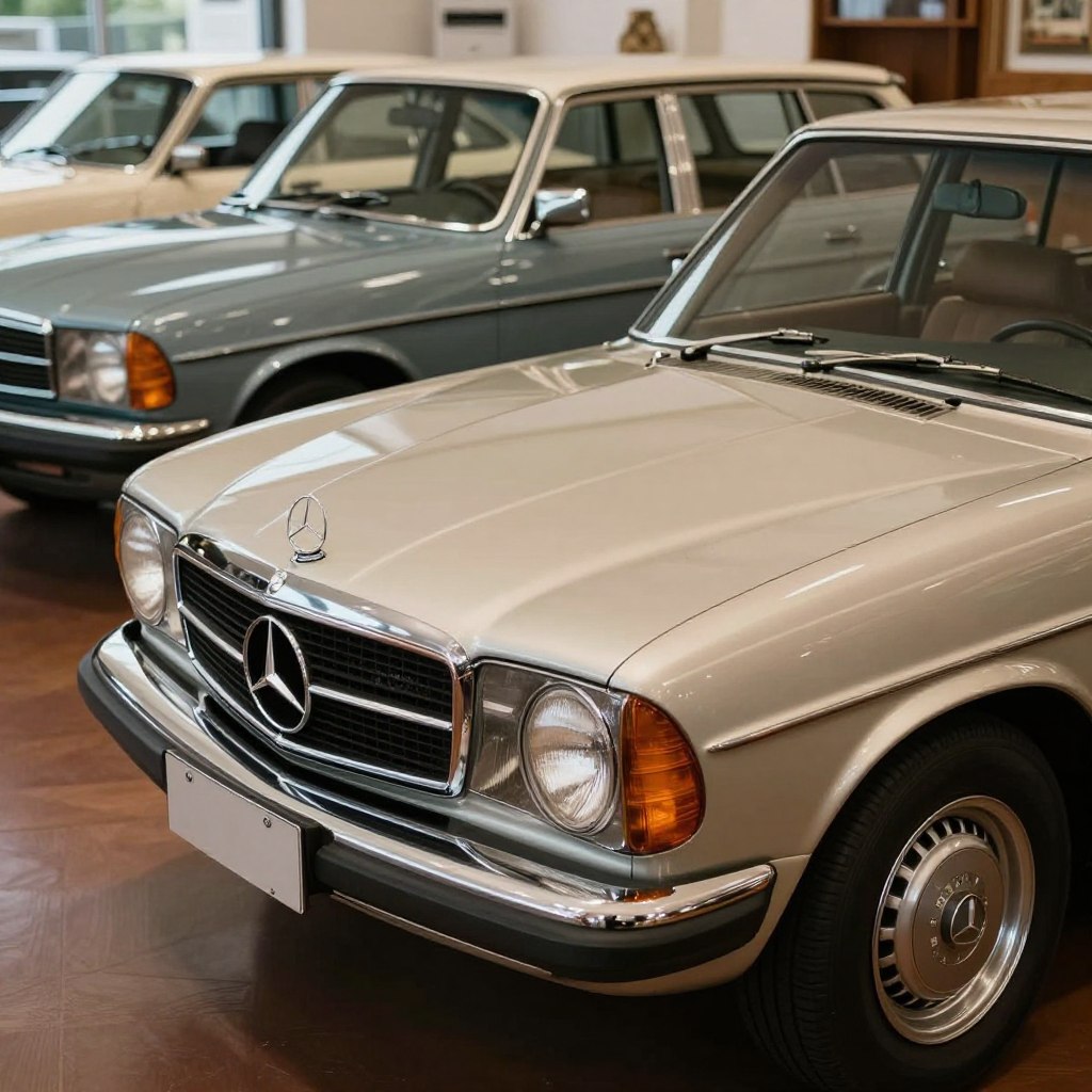 A classic Mercedes W123 W1 model showcased prominently in the foreground, depicting its elegant lines and chrome accents in pristine condition. The car's headlight gleams under soft, natural lighting, highlighting its timeless design features. In the middle ground, a variety of W123 variants, including a sedan and station wagon, are parked in a charming vintage automotive showroom. The background features a hint of classic decor, with warm wooden tones and polished floors, creating a nostalgic atmosphere. The image is shot at a 45-degree angle, capturing the curves of the vehicles while emphasizing their iconic presence. The mood is one of admiration and vintage sophistication, inviting viewers to appreciate the blend of elegance and performance inherent in the Mercedes W123 W1 lineup.