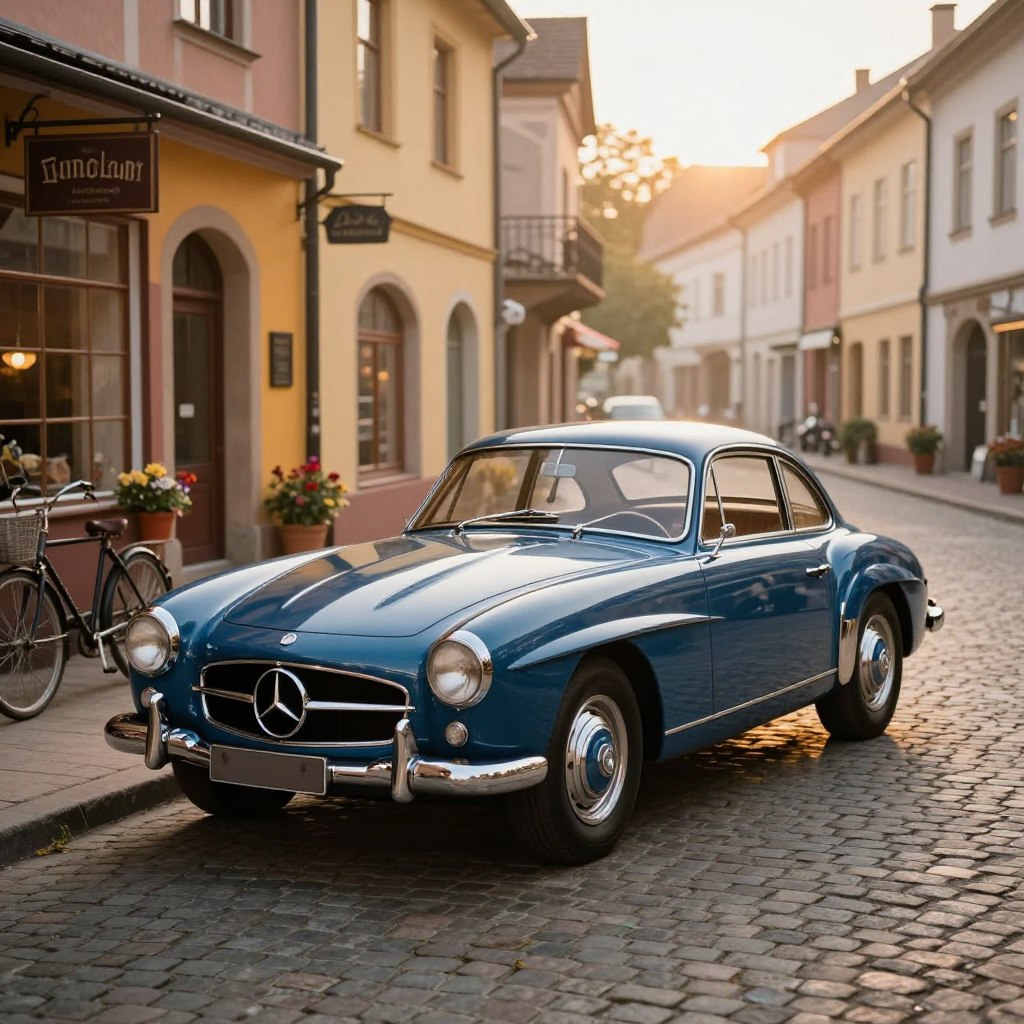 A classic Mercedes car, elegantly parked on a cobblestone street, showcasing its timeless design with polished chrome accents and a shiny, deep blue finish. In the foreground, antique shop signs and vintage bicycles add character, while a soft glow of late afternoon sunlight bathes the scene, highlighting the car's curves and details. The middle ground features quaint, historical buildings with warm, inviting façades lined with potted flowers. In the background, a light haze adds depth to the scene, giving an atmospheric quality of nostalgia. The composition captures the essence of classic automotive value, with an emphasis on craftsmanship and history. The mood is serene and reflective, inviting the viewer to appreciate the enduring elegance of the classic Mercedes.